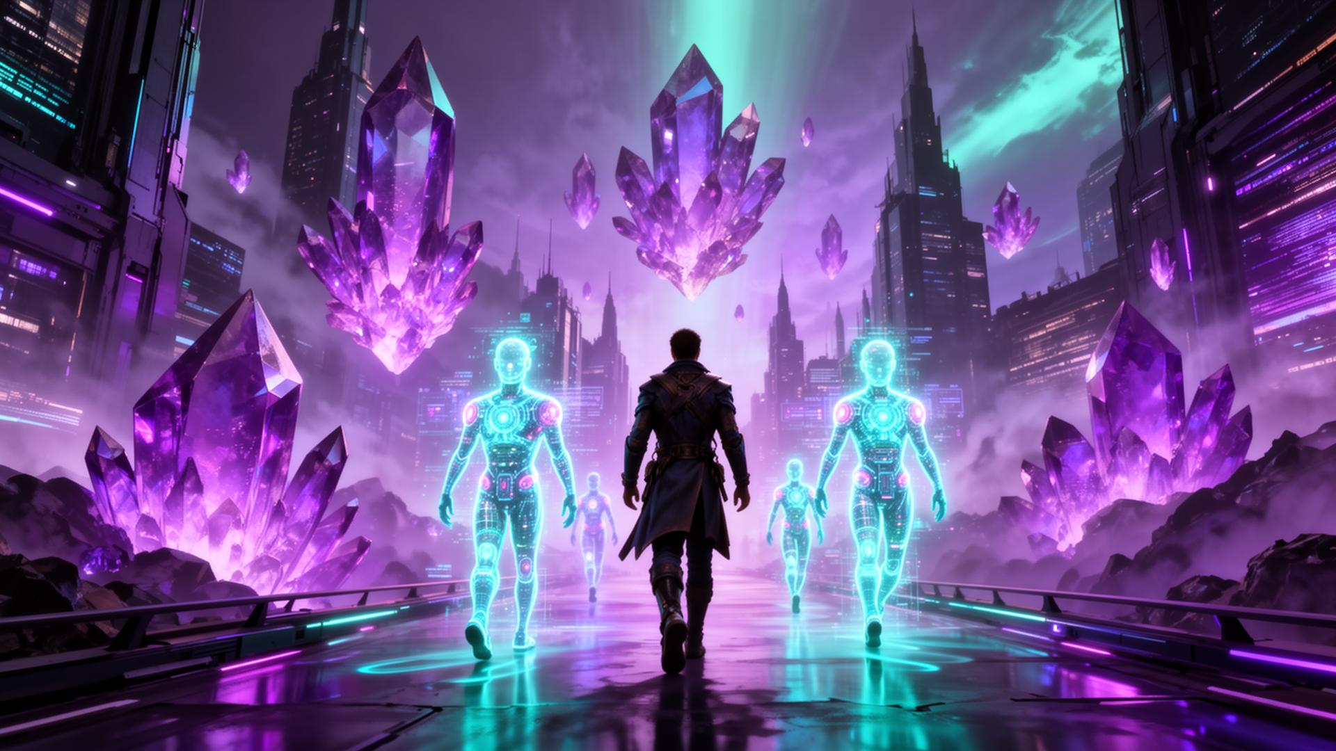FantasyYield metaverse hero — AI agents in a glowing crystal city
