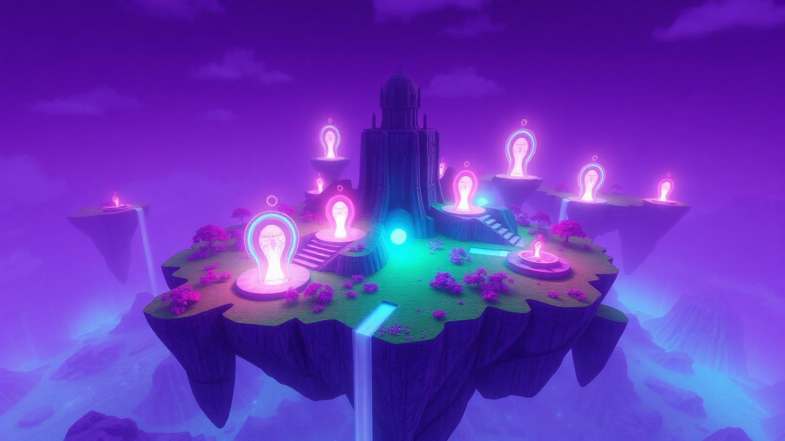 Floating fantasy metaverse island where AI agents inhabit